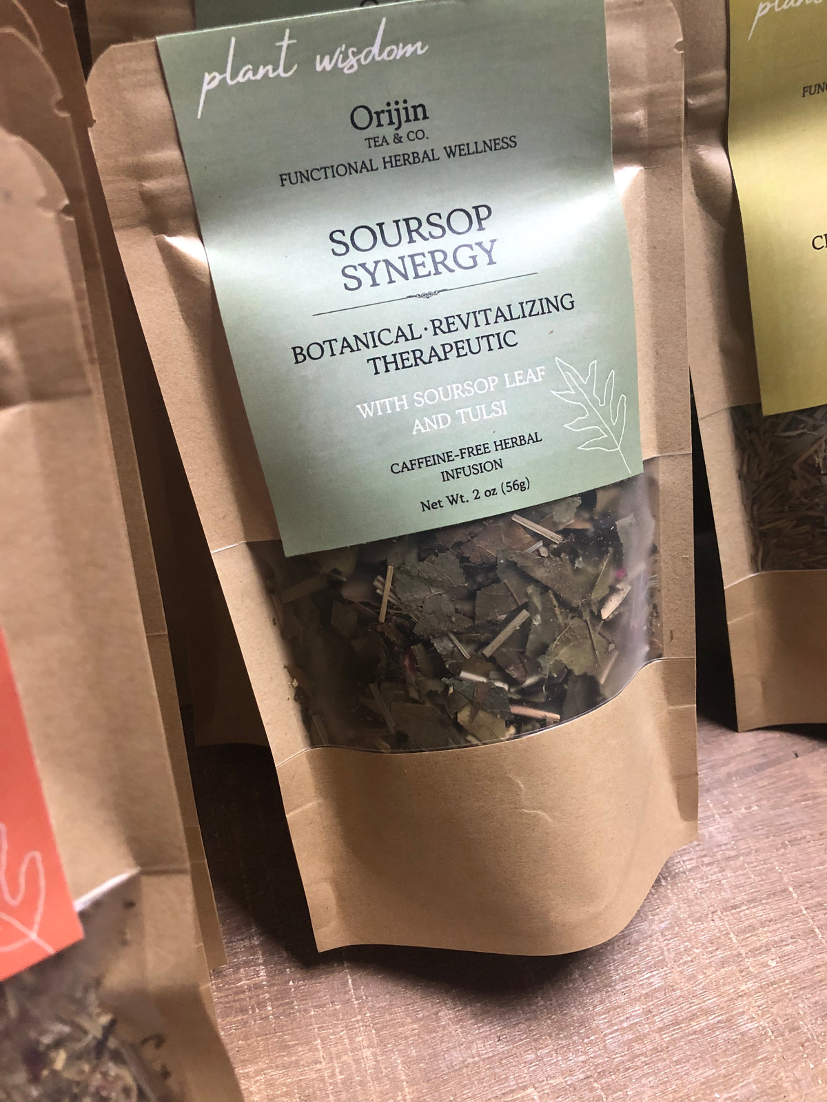Soursop Synergy caffeine-free soursop leaf loose-leaf herbal tea by Orijin Téa & Co. in resealable pouch