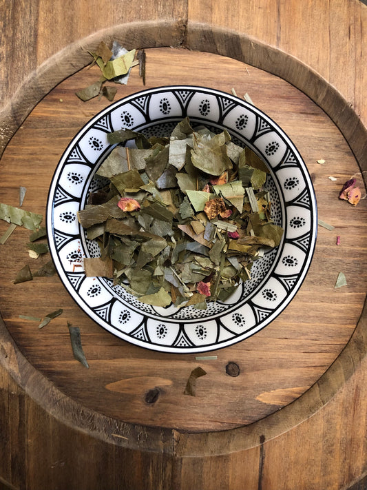 Soursop Synergy loose-leaf herbal tea with soursop leaf, lemongrass, tulsi, ginger, hibiscus, nettle and rose petals